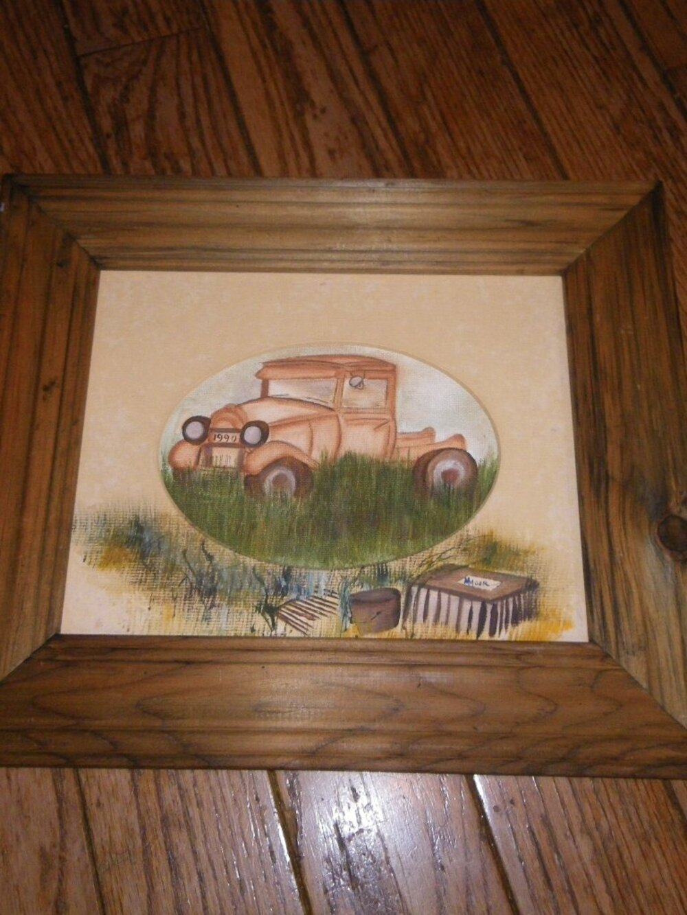 Vintage Framed Painting Old Truck Rustic Country Folk Art